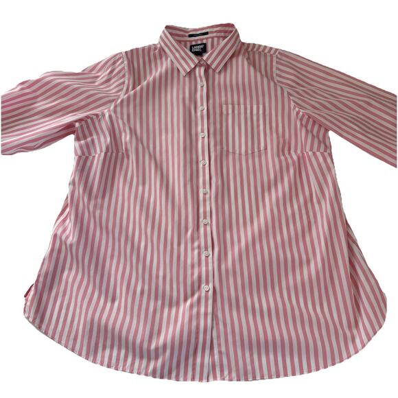Lands' End Women's Pink & White Striped No Iron 3/4Sleeve Button Up Shirt Sz 18W - Picture 4 of 13